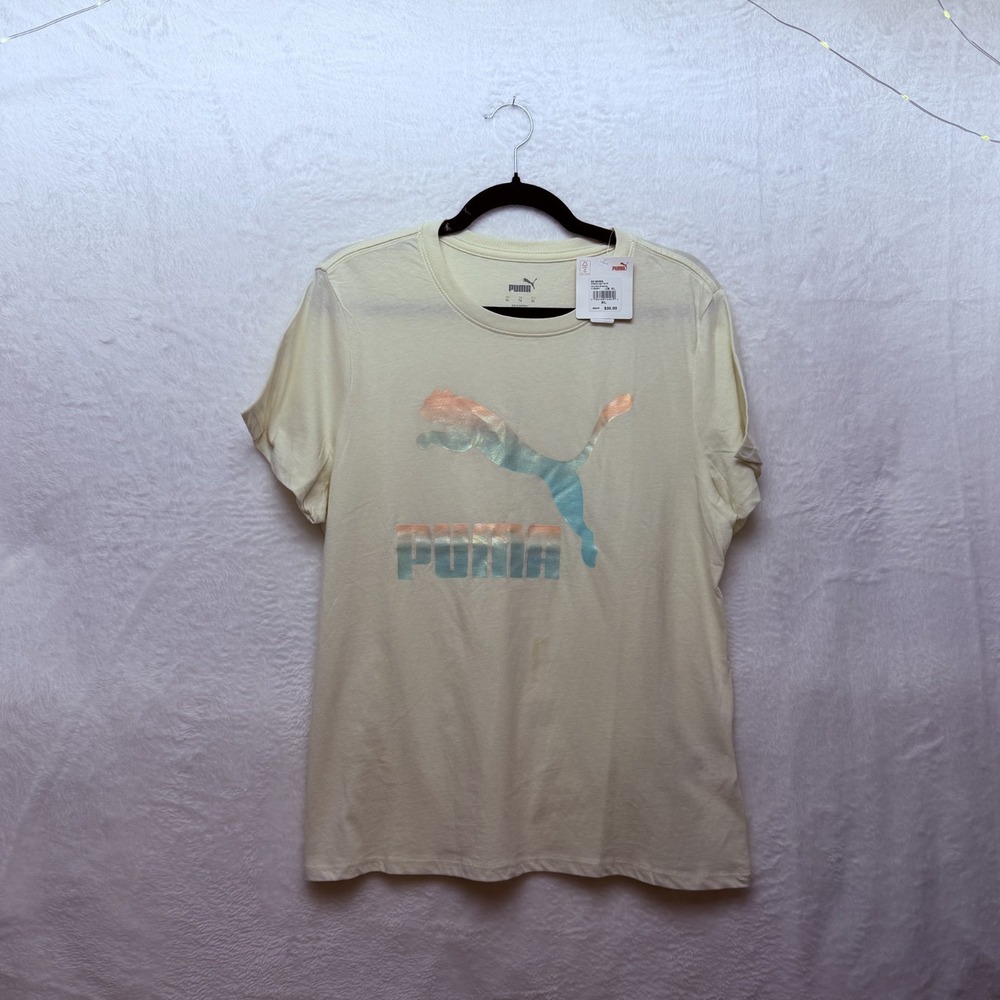 Puma‎ Womens Cream Classic Iconic Graphic Logo Short Sleeve Crew Neck T-Shirt XL